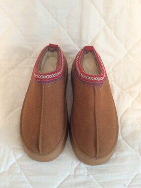 Tan Suede Platform Slippers with Red Trim